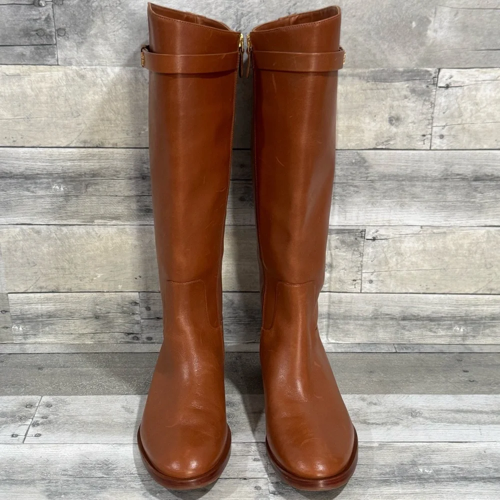 TORY BURCH EVERLY STRAP RIDING BOOTS - SIERRA TAN - SIZE - 10.5 M